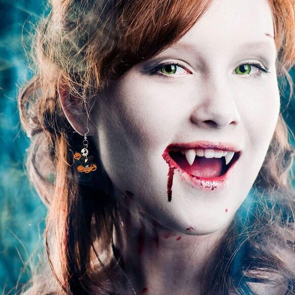 Women's Black&orange Cute Cartoon Halloween Theme Earrings Ghost Pumpkin Wooden - Picture 2 of 3